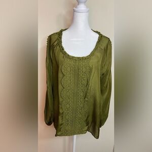 Sundance Women’s 100 % Silk Blouse Top Long Sleeve Olive Green Size Large